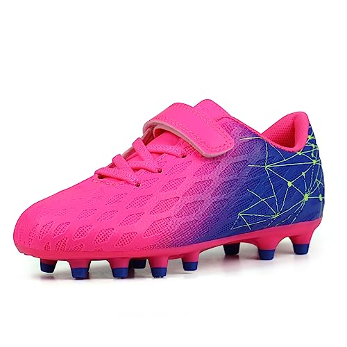 brooman Kids Firm Ground Soccer Cleats Boys Girls Athletic Outdoor Football Shoes (9,Fuchsia Purple)
