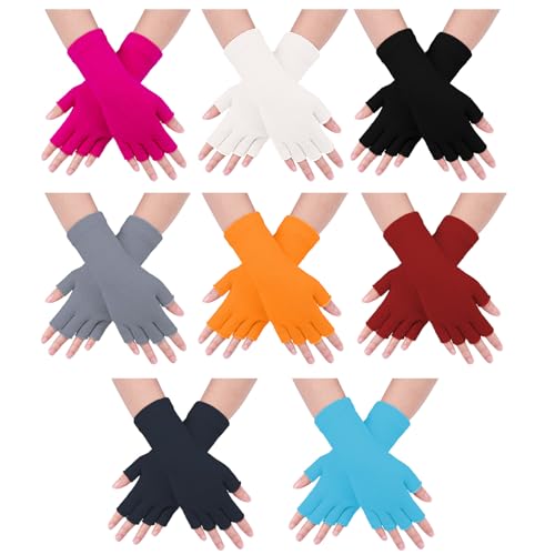 HOVEOX 8 Pairs Fingerless Gloves Half Finger Typing Gloves with Long Wrist Cuff Winter Knit Fingerless Glove for Women (Multicolor)