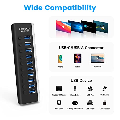 Powered Usb Hub, Rosonway 10 Port Usb 3.1 Hub 10Gbps With 36W (12V/3A) Power Adapter, Type A And Type C Cables, Aluminum Usb C Hub Splitter For Pc And Laptop (Rsh-A10S) #TOP3