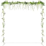 6.6FT Square Backdrop Stand with 4 White Wisteria Artificial Flowers for Outdoors, White Backdrop Stand Easy Assembly, Sturdy Wedding Arches for Ceremony,Metal Garden Arch for Party & Outdoor Decor