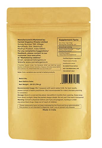Carmel Organics Neem Leaves Powder | 28 Oz Or 794 Grams | Usda Certified Organic | Non Gmo | No Added Preservatives Or Additives | Azadirachta Indica Powder #TOP1