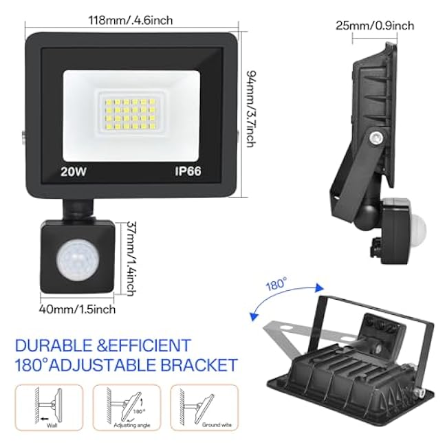 20W Flood Light Motion Sensor Light 6000K Outdoor Floodlight 2 Pack