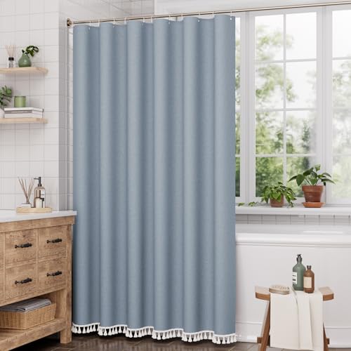 Image of AmazerBath Blue Boho Shower Curtain with Tassels, Farmhouse Shower Curtains for Bathroom, Faux Linen Shower Curtain Rustic with Hooks, Vintage Shower Curtain Set, 72x72 Inches