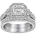 Amazon Essentials Platinum or Gold Plated Sterling Silver Antique Ring set with Asscher-Cut Infinite Elements Cubic Zirconia