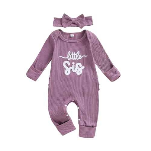 Image of allshope Infant Baby Girl Fall Outfit Sweatshirt Romper Little Sister Lil Sis Long Sleeve Jumpsuit Newborn Clothes