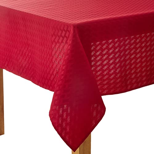 Violet Linen Christmas Novelties Ribbed Striped Pattern, Polyester Jacquard, Red, 60 Inch by 102 Inch, Seats 8 to 10 People, Rectangular Tablecloths
