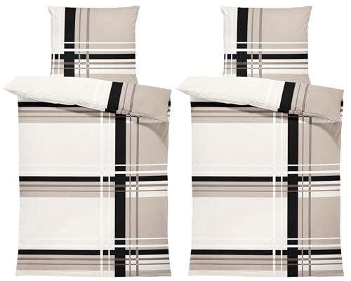 one-home Winter Biber Bettwäsche Baumwolle Kuschelig Flauschig Warme Weiche Bettbezüge Modern, Größe:4 teilig 135x200 cm, Farbe:Grafisch Gestreift beige