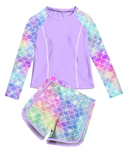 Image of Vogseek Girls Rash Guard Swimsuits 2 Piece Bathing Suit UPF 50+ Summer Swimwear Size 7-12T