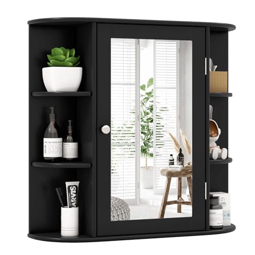 COSTWAY Bathroom Mirror Cabinet, Single Door Wall Mounted Storage Cupboard with Adjustable Shelves, Home Office Living Room Display Organiser Unit (Black, 65 x 17 x 64cm)