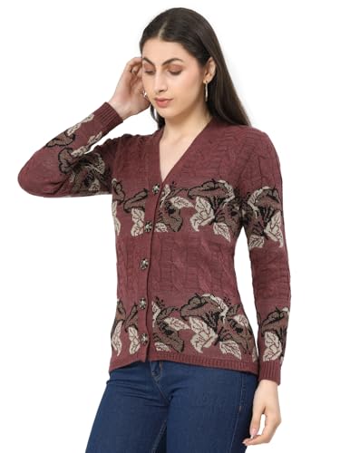 Image of Kalt Women Sweater for Winter Woolen Acrylic Full Sleeves V Neck Floral Design Cardigan Sweater for Women
