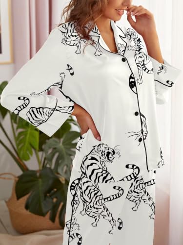 Image of Brosloth Women's Silk Satin Pajamas Long Sleeve Button Up Loungewear Set | Button Down Animal Print Pajamas, Ladies Fancy Pajama sets, Two Piece Lounge Set, Notch Collar Lightweight Sleepwear, Gift