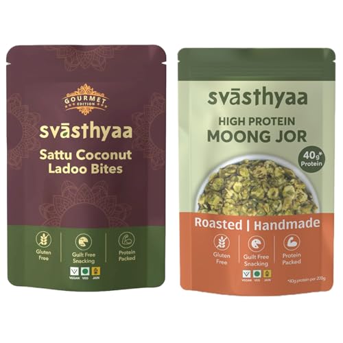 Image of Svasthyaa - Sattu Coconut Ladoo Bites 100gm & High Protein Moong Jor 220gm | Roasted, Handmade, Gluten-Free, Vegan & Jain | Guilt-Free Indian Snacks | 40g+ Protein Power Snack