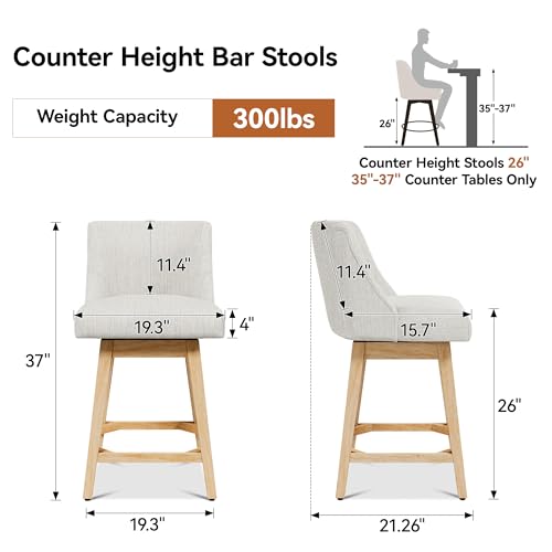 Image of Swivel Counter Height Bar Stools Set of 6, Modern Fabric Swivel Barstools with Contoured Back and Solid Wood Legs, Upholstered Counter Stool Bar Chairs for Kitchen Island, Home Bar, Cream