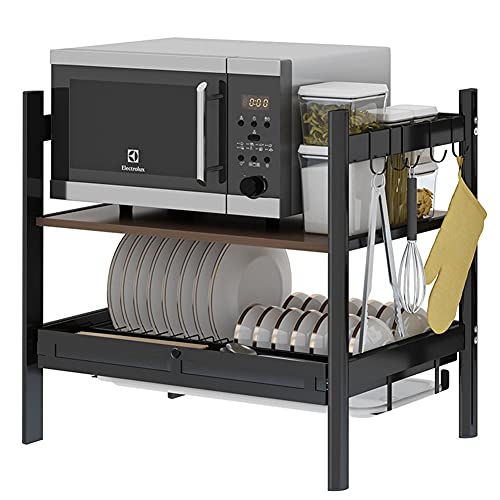 DBromanticArt Mikrowellen Regal Küchenarbeitsplatte Doppel Ofenregal Abtropfgestell mit Tablett Gewürzflaschen Aufbewahrungsregal mit 5 Haken, Schwarz Cover