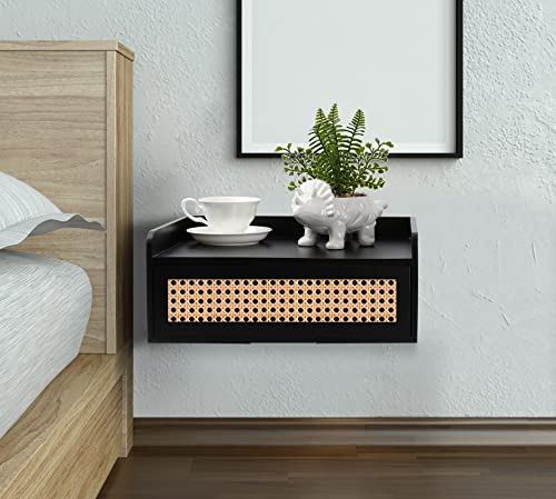 Floating Nightstand, Small Rattan Nightstand With Storage Drawer, Wall Mounted Wood Nightstands, Black Bedside Tables Shelf, Rustic Side Table Mid Century Night Stands For Bedroom Living Room Office #TOP1