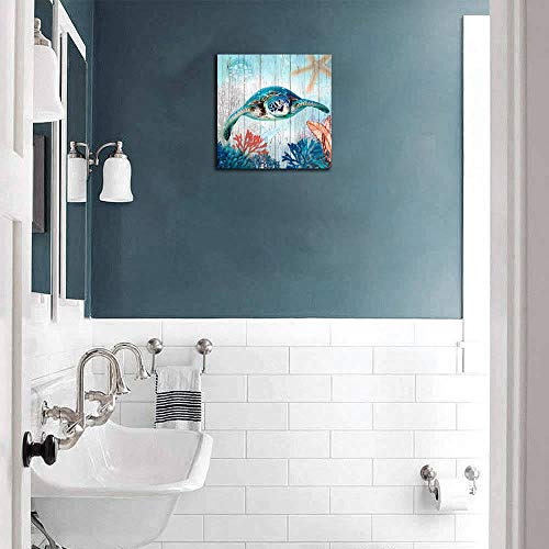 Mofutinpo Bathroom Decor Sea Turtle Canvas Wall Art Ocean Beach Coast Theme Canvas Picture Artwork Ready To Hang For Home Kid Girls Room Bedroom Wall Decoration Size 14X14 Framed #TOP3