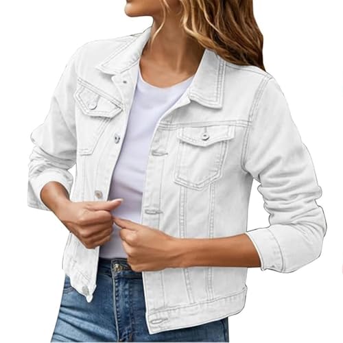 Cropped Denim Jacket for Women Casua Button Down Lapel Long Sleeve Jean Jacket Comfy Solid Cowgirl Outerwear with Pocket