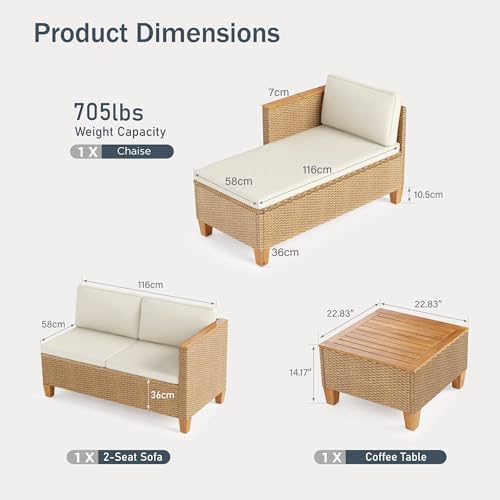 PHI VILLA 3 Teilig Gartenmöbel Set Balkonmöbel, Rattan Lounge Möbel Outdoor mit 1 Chaiselongue, 1 Zweisitzer-Sofa und 1 Kleiner Couchtisch, 4 Personen Terassenmöbel Außen Gartensofa