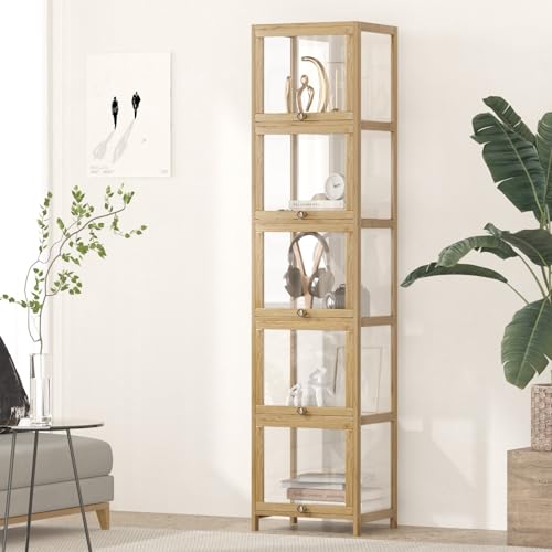 Oikiture Display Cabinet 40 x 32 x 172cm Home Storage Cabinet with 5 Tier Display Shelves Natural Wood