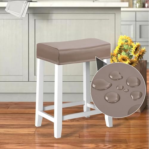 Image of YISUN Stool Covers Rectangle - 2 Pack Stretch Waterproof Saddle Seat Cover Counter Bar Stools Bar Chairs Covers Kitchen Island Chairs Cushion Protector (2, Pu Leather-Chocolate)