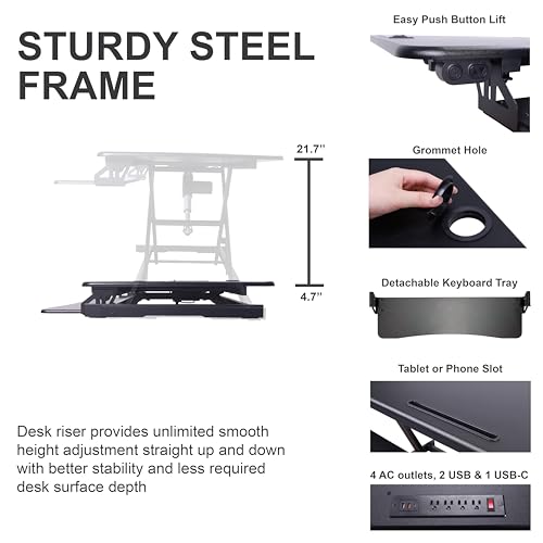 Rocelco 46" Electric Standing Desk Converter with AC Outlet USB Charger and Anti-Fatigue Floor Mat - Motorized Adjustable Sit Stand Riser - Tabletop Workstation Keyboard Tray - Black (R EDRB-46-MAFM) by Rocelco - Image 2