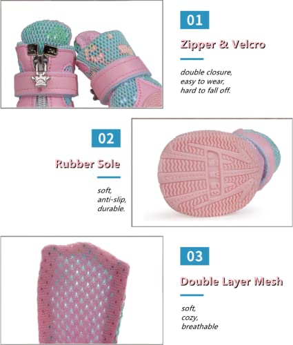 Hdwk&Hped Small Dog Boots, Breathable Mesh Summer Dog Shoes Pink Stylish Pu Dog Girl Booties With Durable Non-Slip Rubber Sole (Fluorescent Style - Pink, 4 (10~15Lb)) #TOP2