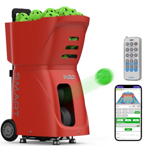 PUSUN PP-Smart-?Smart Pickleball Machine? 80+ Ball Capacity | 4-6 Hours Battery Life | Speed 20-120km/h | 20 Landing Points | 12 Fixed Modes | APP Control | Ideal for Training/Teaching/Matches (Red)