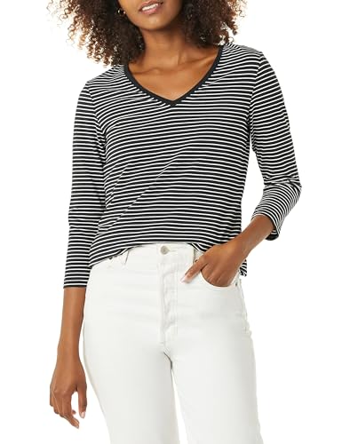 Amazon Essentials Damen-T-Shirt mit 3/4-Ärmeln, V-Ausschnitt (erhältlich in Übergröße), Schwarz/Weiß gestreift, Größe M