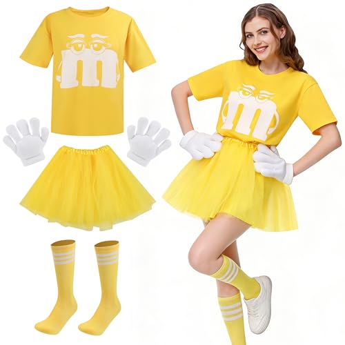 BuntWunder M und M Kostüm Damen, Karneval Kostüm Set mit M Aufdruck T-Shirt,Tutu,Handschuhe & Streifensocken, Lustiges GruppenKostüm für Fasching, Themenparty & Kostümparty
