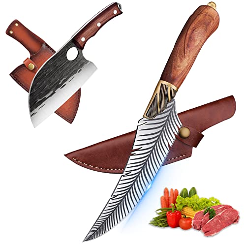 5.9" Feather Knife Serbian Chef Knife Set Forged In Fire Boning Meat Cleaver Knife High Carbon Steel Kitchen Cleaver With Sheath For Outdoor Camping Bbq Collection Christmas Gift Men #TOP10