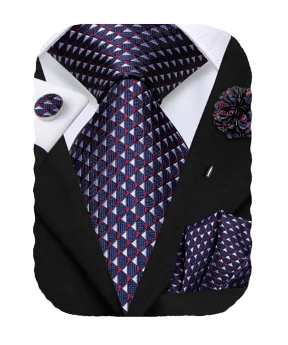 Hi-Tie Navy Blue Red Checkered Silk Ties for Men Woven Jacquard Necktie