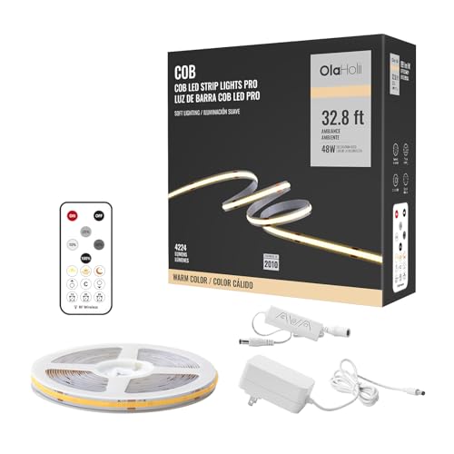 Olaholii 16.4ft COB Led Strip Light with Remote, 2700K Ra93+ Dimmable Bright Warm White Led COB Strip Light, White Led Strip Light for Mirror, Stair, Cabinet, Room