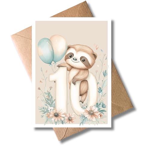 WBdesignz 10. Geburtstag Karte mit Umschlag - Süße Geschenkkarte mit niedlichem Faultier, Ballons & Blumen für Mädchen & Jungen - Jubiläumskarte zum 10. Geburtstag (DIN A6)