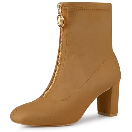 Allegra K Allegra K Women's Front Zipper Chunky High Heel Brown Ankle Boot 9 M US
