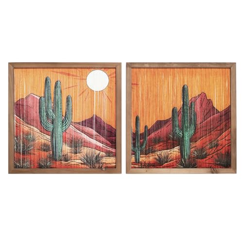 flangairy Desert Wall Art, 2 Pcs Wooden Arizona Western Cactus