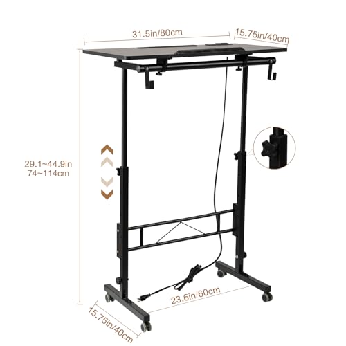 SIDUCAL Standing Desk Height Adjustable with Tiltable Tabletop, Rolling Laptop Desk with Charging Station, Sit Stand Portable Stand Up Desk with Wheels, Black - Thumbnail 2