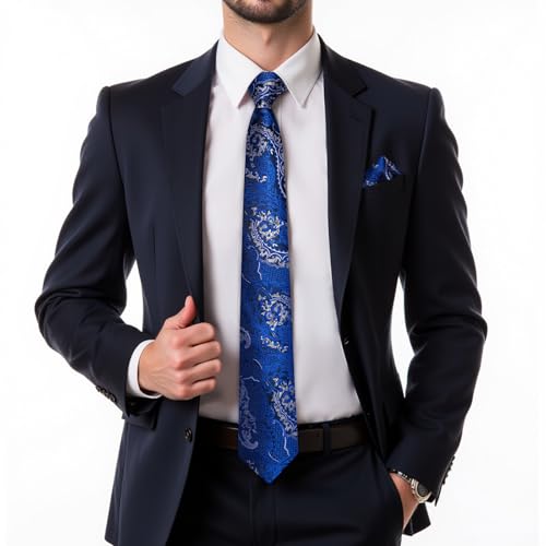 Image of DiBanGu Extra Long Tie for Men 63 inch XL Silk Necktie Set | Pocket Square and Cufflinks, Big and Tall, Jacquard Woven, Gift Box, Paisley /Plaid /Solid /Striped, for Weddinng Party Business