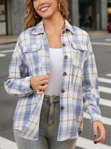 Enjoyoself Women's Autumn Winter Cotton-Polyester Oversized Plaid Blouse Classic Flannel Jacket Coat-Blue/L - Image 3