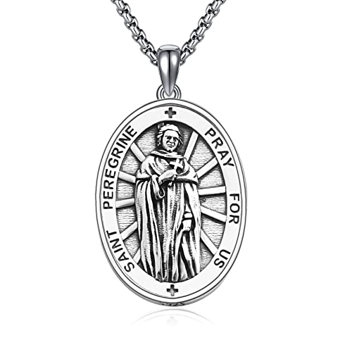 Silver St Peregrine Patron Saint of Cancer Medal Necklace for Men Women