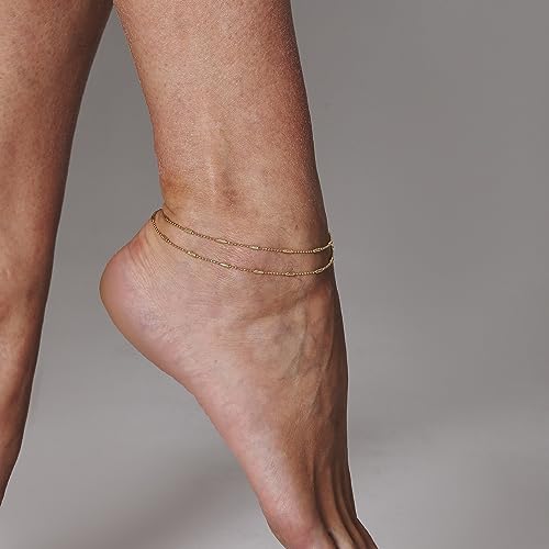 Pencros Dainty Layered Anklet,14K Gold Filled Cute Beads Satellite Chain Heart Boho Adjustable Anklets For Women Teen Girls (Gold Layered) #TOP4