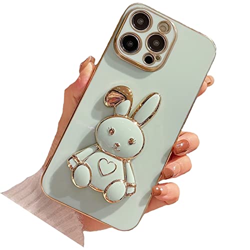 Tivenfezk pour iPhone 12 Pro Max Lapin Invisible Béquille Coque,Ultra Mince Placage Cœur Bunny Pliant Supporter Antichocs Silicone Flexible Coque Housse Étui de Potection