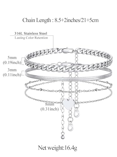 Image of FindChic Black /Silver /Gold Plated Anklets Set of 2PCS /3PCS Herringbone Chain Cuban Link Heart Charm Sparkling Tennis Ankle Bracelets, Waterproof Summer Foot Jewelry for Beach