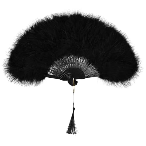 whitefeather Black Feather Hand Fan for Women 17.7 inch Large Folding Flapper Fan 1920s Gatsby Marabou Prop for Costume Masquerade Tea Party & Wedding Accessories