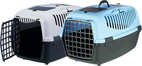 Image of Trixie Capri Durable Plastic Pet Carriers with Handles, Storage Trays, and Stroking Flaps (Dark Grey /Pastel Blue, XS-S, Capri 2)