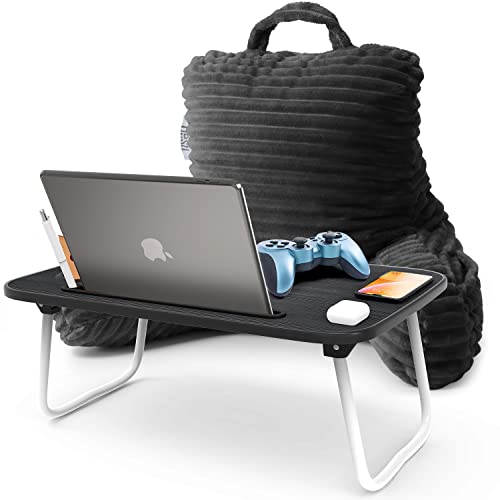 Image of Nestl Dark Grey Reading Pillow with Bed Desk for Laptop and Writing, Luxe Cut Plush Back Pillow for Sitting Up, Back and Arms Adjustable Support for Kids and Teens, Foldable Lap Desk for Bed 19x11 inch