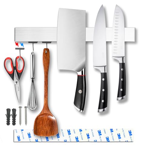 YIIYIIN 14 Inch Magnetic Knife Holder for Wall -No Drilling Magnetic Knife Bar with Hooks -304 Stainless Steel Knife Magnetic Strip -Magnetic Utensil Holder -Kitchen Utensil Hanger-Kitchen Organizer