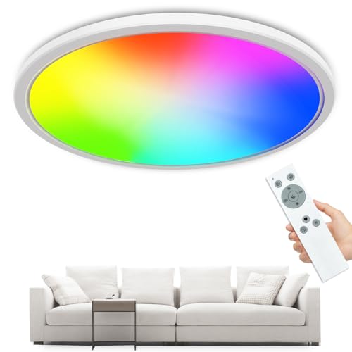 zemty LED Deckenleuchte Dimmbar, 24W 3200LM RGB Deckenlampe Farbwechsel mit Fernbedienung, 4000K Wasserfest Lampen Deckenlampen, Flach Lampe Decke f&uuml;r Badezimmer Schlafzimmer Kinderzimmer Bad