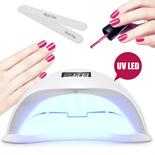 36W UV LED Nail Lamp Manicure/Pedicure Nail Dryer with 4 Timer Setting - Perfect Salon Tool for Drying Nail Polish and Gel - Dry Both Fingernails and Toenails with 2 FREE Bonus Nail Files