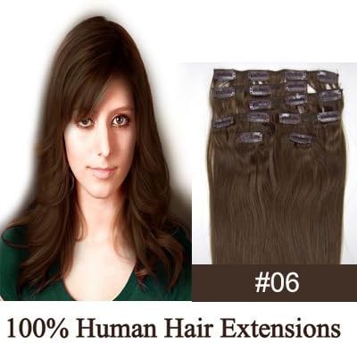 Woputuo Clip in Remy Human Hair Extensions 100% Real 20 Inch 7pcs 70 Grams Silky Soft (Light Brown(#6))