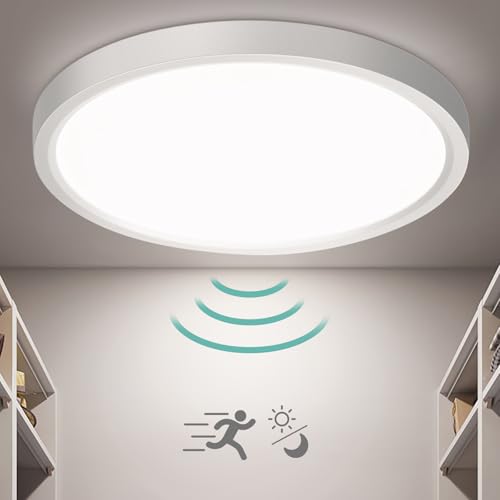 Oraymin LED Plafon Techo con Sensor de Movimiento, 18W 1800LM Lampara Techo con Sensor Crepuscular Interior, 4000K Luz Techo para Garaje Recibidor Pasillo Escaleras Garaje Cocina, Ø23×2.4cm